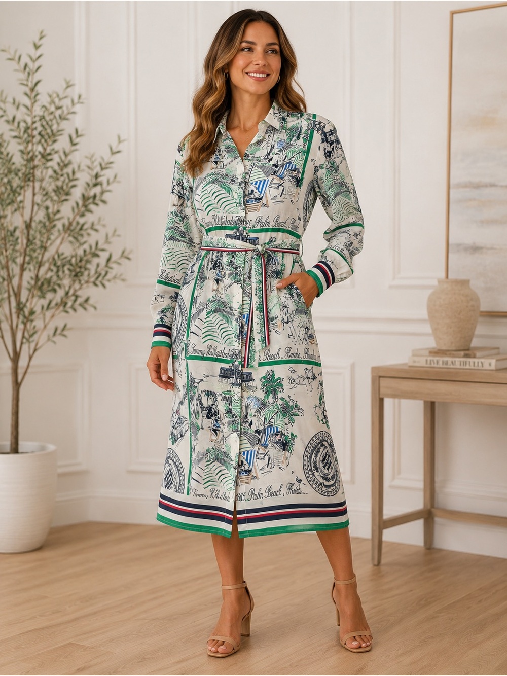 Tommy Hilfiger Palm Beach Florida Shirtdress XXL Scenic Resort Print Belted